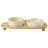 Havniva comedero cerámico lento para gato con base de madera beige, facilita comer despacio