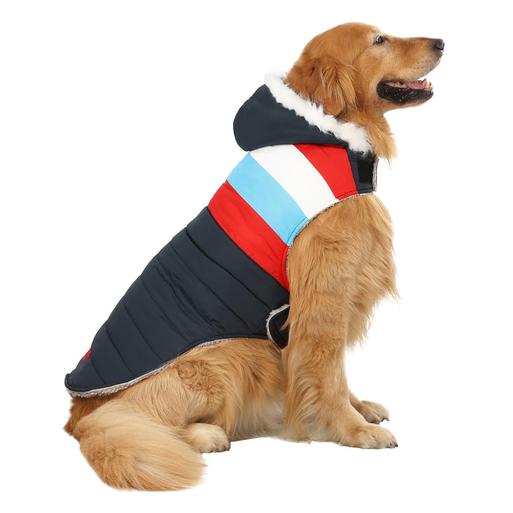 HDE chaqueta acolchada para perro vista frontal, ideal para paseos en frío.