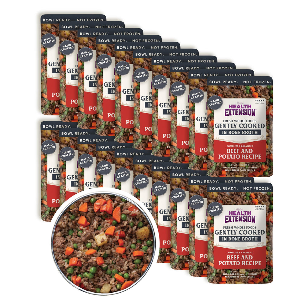 Health Extension comida para perros en bolsa 3oz con res y patatas, lista para servir.
