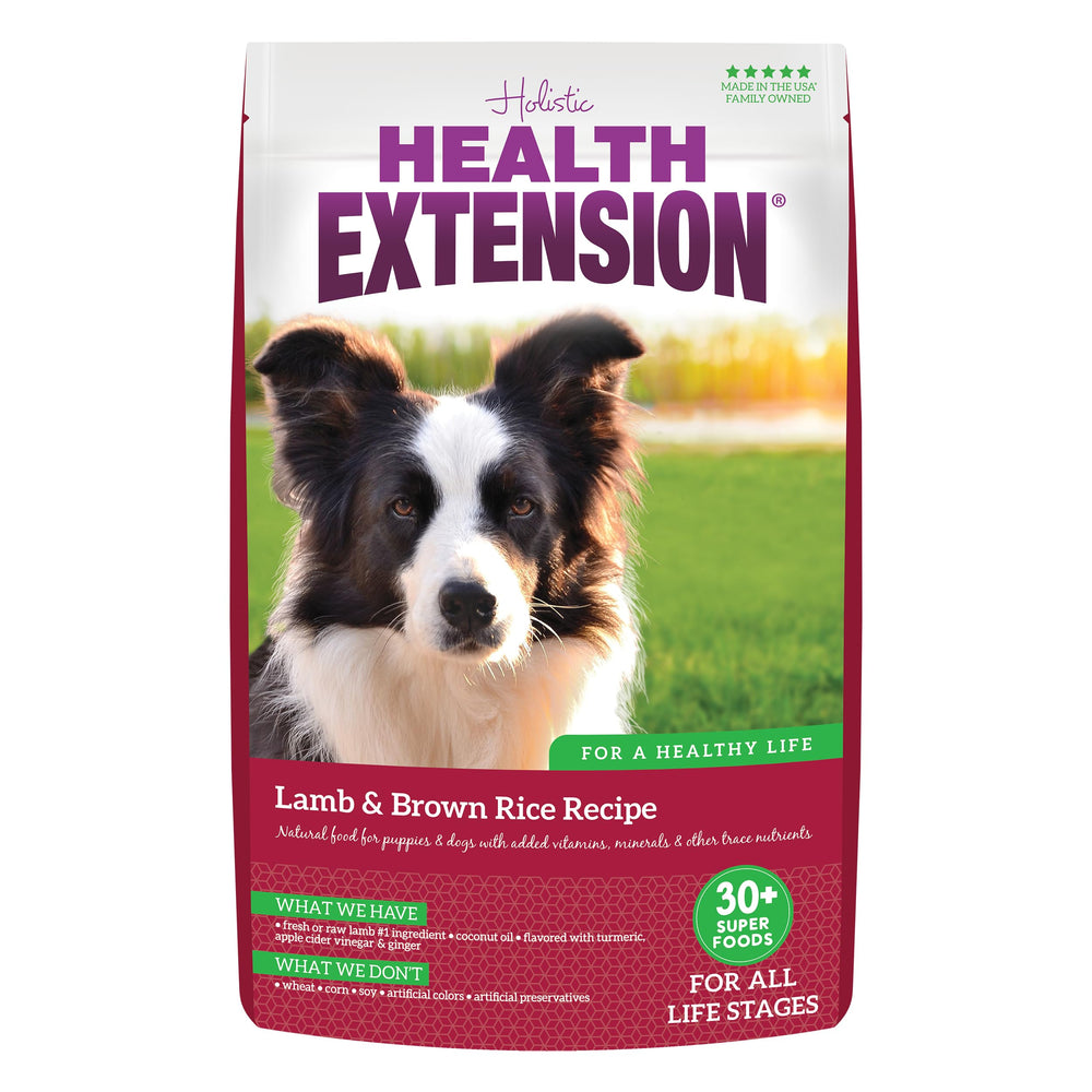 Health Extension Cordero Arroz Marrón seco perro en bolsa facilita almacenamiento y frescura.