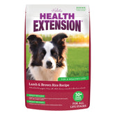 Health Extension Cordero Arroz Marrón seco perro en bolsa facilita almacenamiento y frescura.