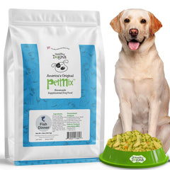 Healthy Dogma PetMix Fish Dinner en tazón, nutrición real para perros.