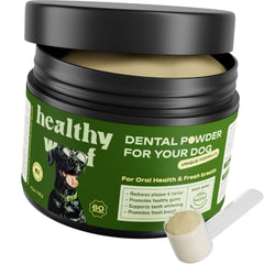 Healthy Woof polvo dental para perros, empaque visible, aliento fresco.