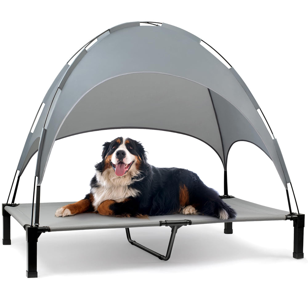 Heeyoo cama para perros elevada con-toldo ofrece sombra y aire fresco al exterior.