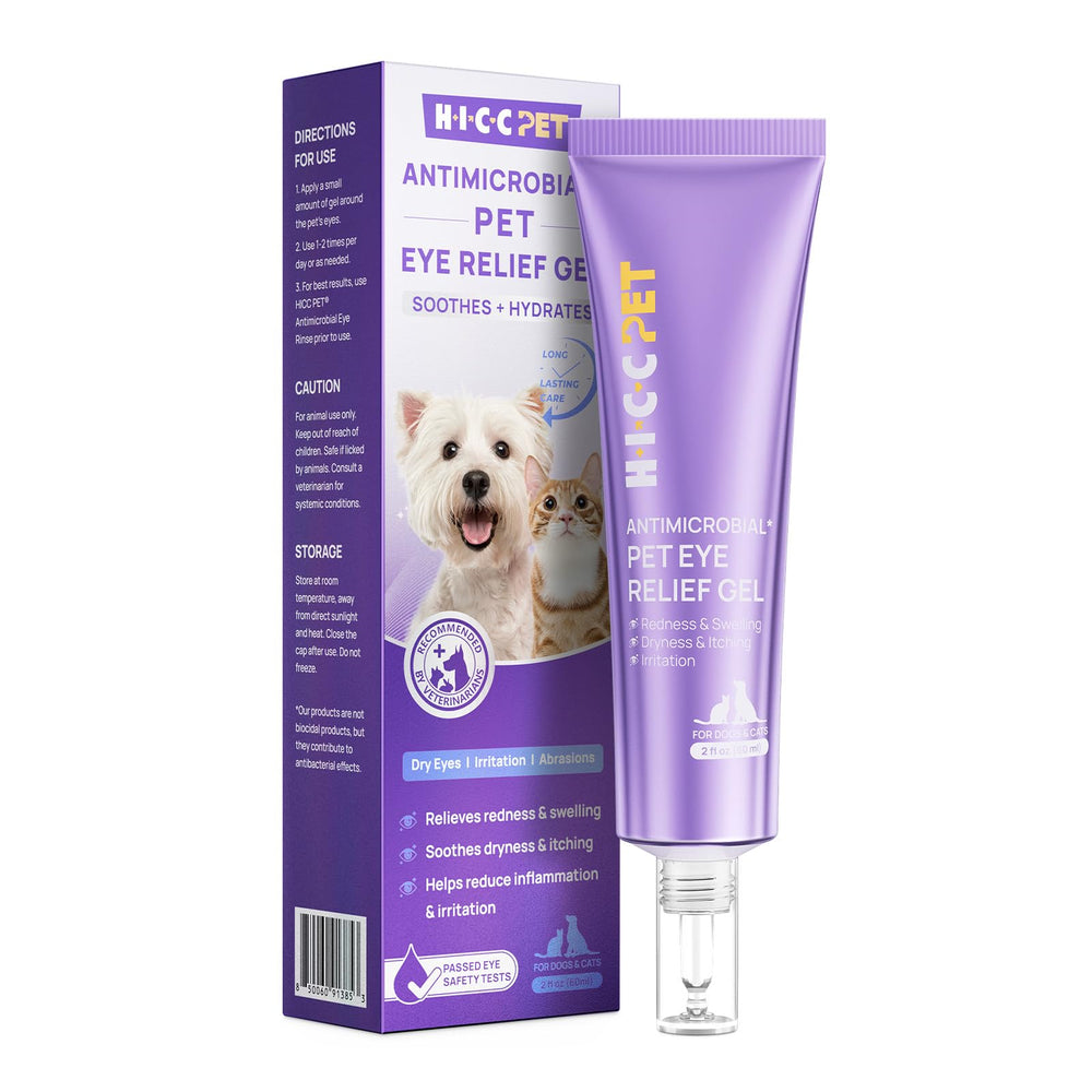 HICC PET gel alivio ocular en botella para el cuidado diario de ojos.