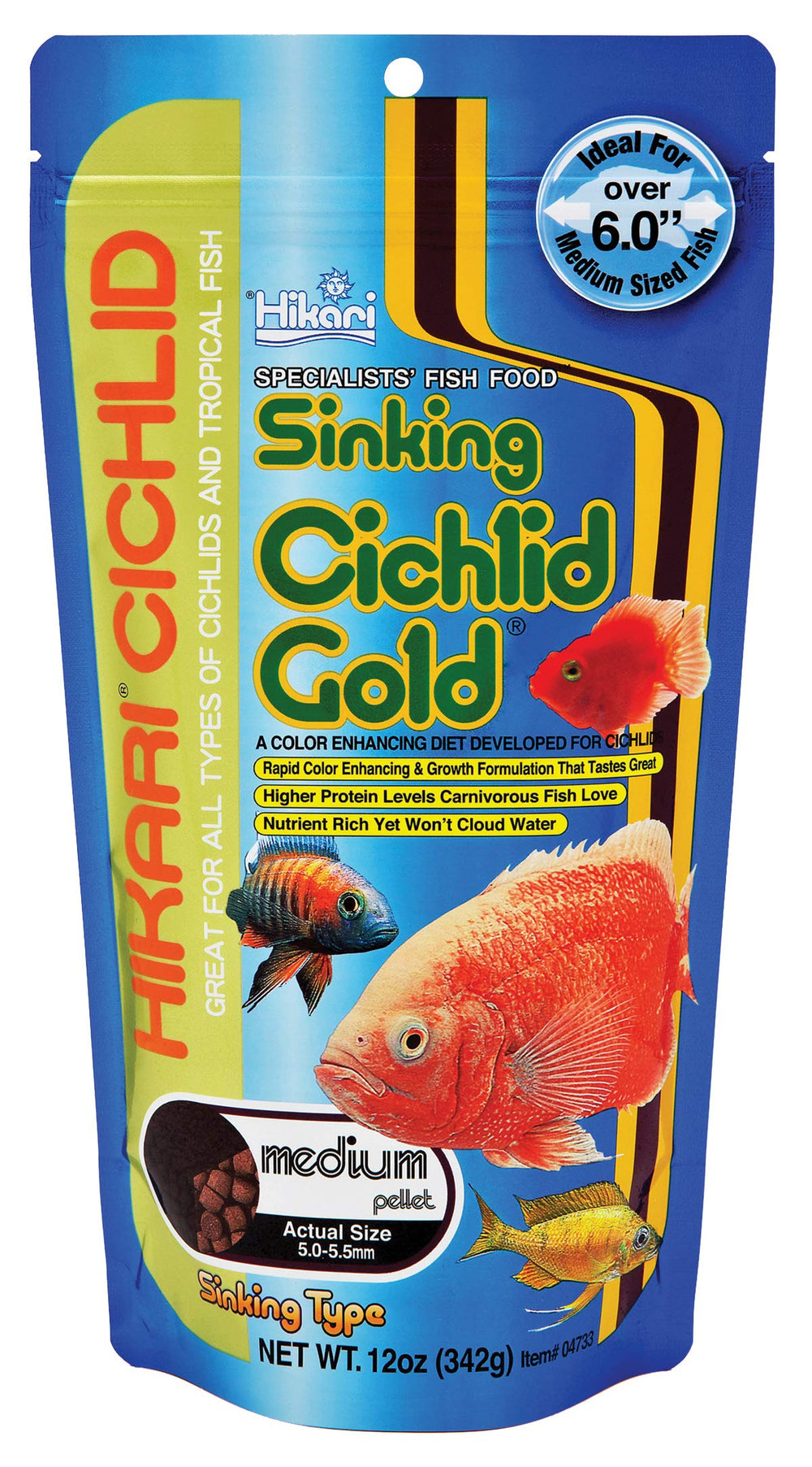Hikari Ciclidos Pellets Oro en empaque 12oz para almacenamiento práctico.