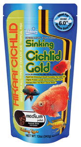Hikari Ciclidos Pellets Oro en empaque 12oz para almacenamiento práctico.