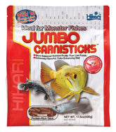 Frente de la caja Hikari Palitos Carnívoros Gigante 500 g, dieta diaria para carnívoros grandes.