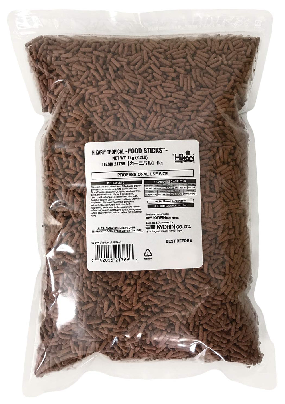 Hikari palitos flotantes para mascotas en bolsa de 1 kilogramo, promueven dieta equilibrada.