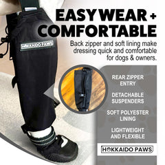 Protección de patas y piernas con botas Kuma Hokkaido Paws para senderismo en rocas.
