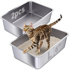 Holintan caja de arena en acero inoxidable, vista frontal, diseño duradero para múltiples gatos.