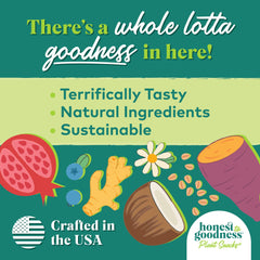 Honest to Goodness Plant Snacks, primer plano de ingredientes naturales y frescura.