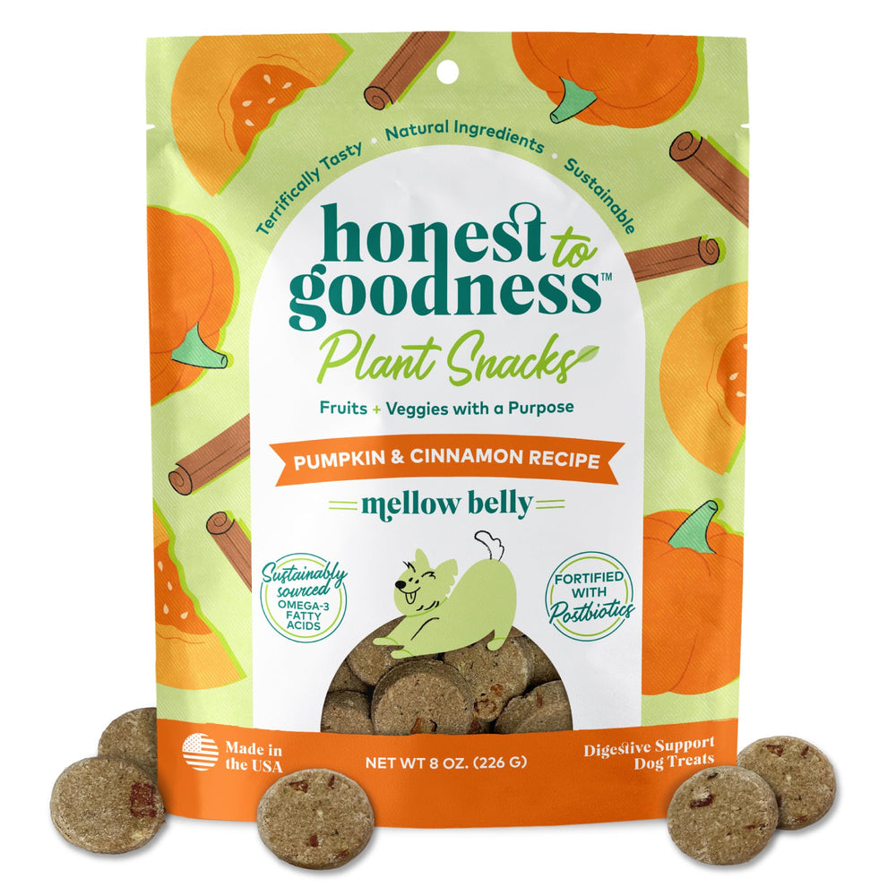 Honest to Goodness Mellow Belly en tazón, snack vegetal para perros con digestión suave.