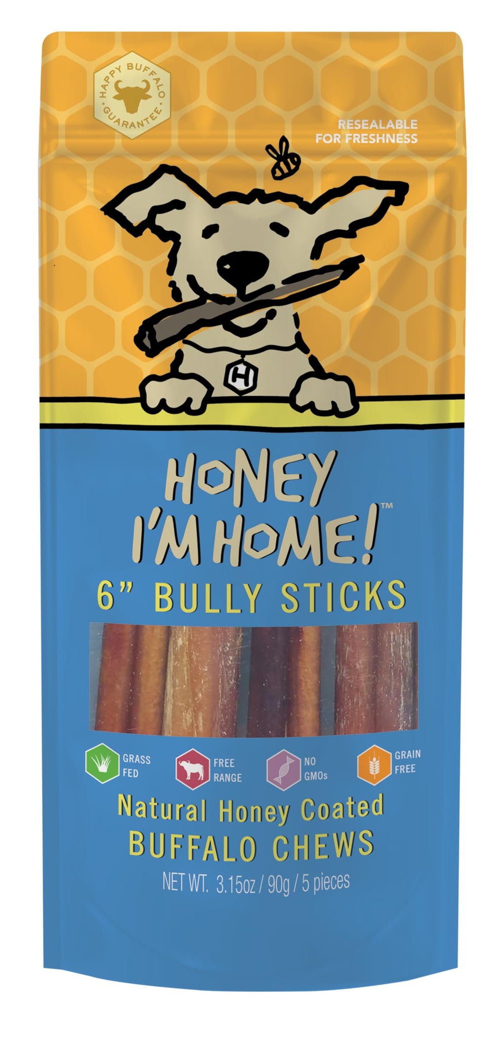 Honey I'm Home palitos bully buffalo 6 pulgadas, 5 piezas para masticación saludable.