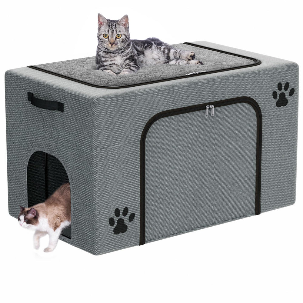 Honiakaka recinto-caja-arena con cama de gato, vista frontal para mayor orden y confort.