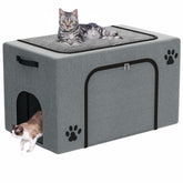 Honiakaka recinto-caja-arena con cama de gato, vista frontal para mayor orden y confort.