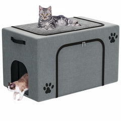 Honiakaka recinto-caja-arena con cama de gato, vista frontal para mayor orden y confort.