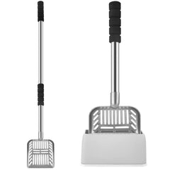 Cucharón para arena de gato Hortsun con mango largo gris, cómodo para limpieza.