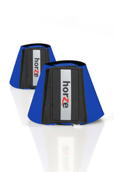 Horze Pro Overreach Bell Boots azul, vista lateral: protección confiable para entrenamientos.