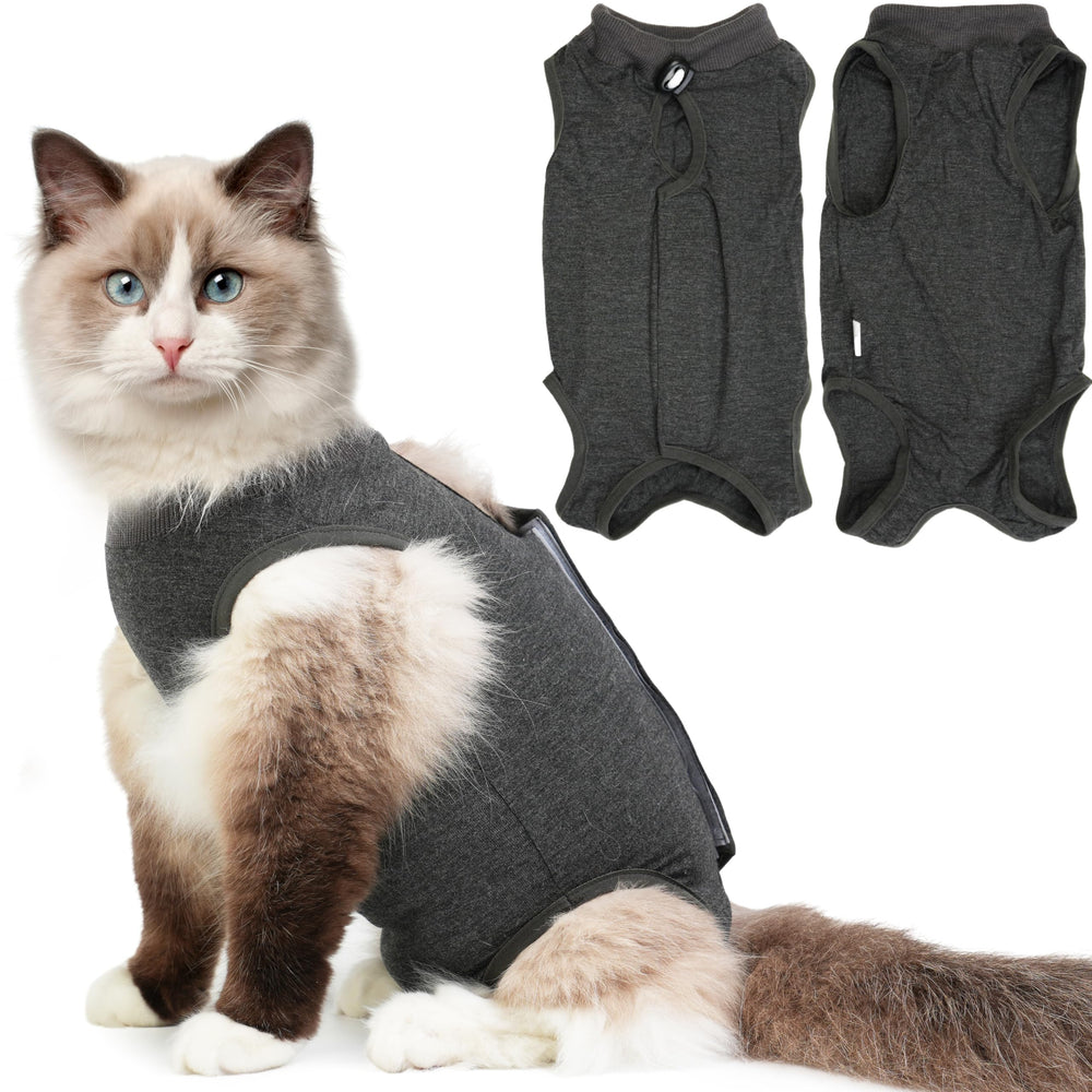 Hpetppy mono de recuperación para gato, vista frontal, protege heridas postoperatorias.