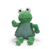 HuggleHounds Fergie Frog Knottie frente: textura suave y sonido atractivo.