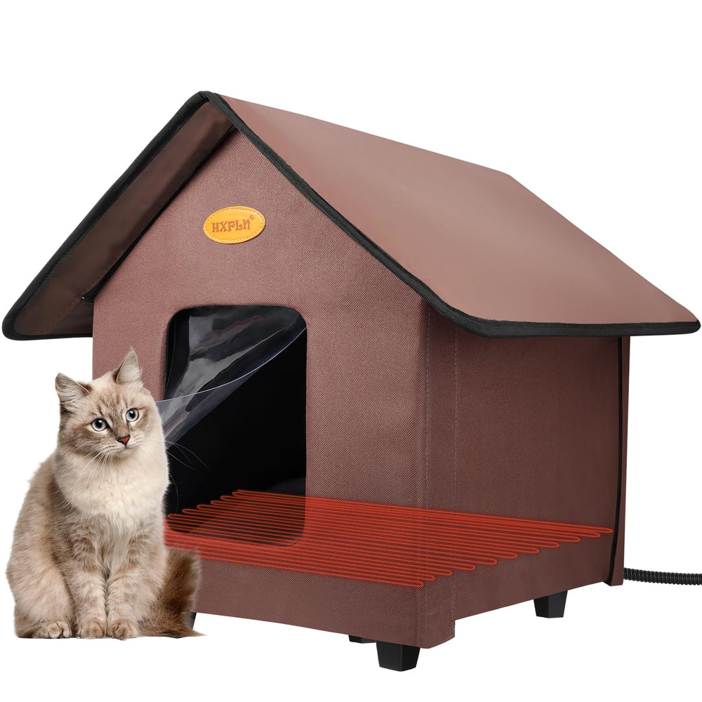 Casita HXPLN para gatos caliente con techo esquinado, refugio seco ante la lluvia.
