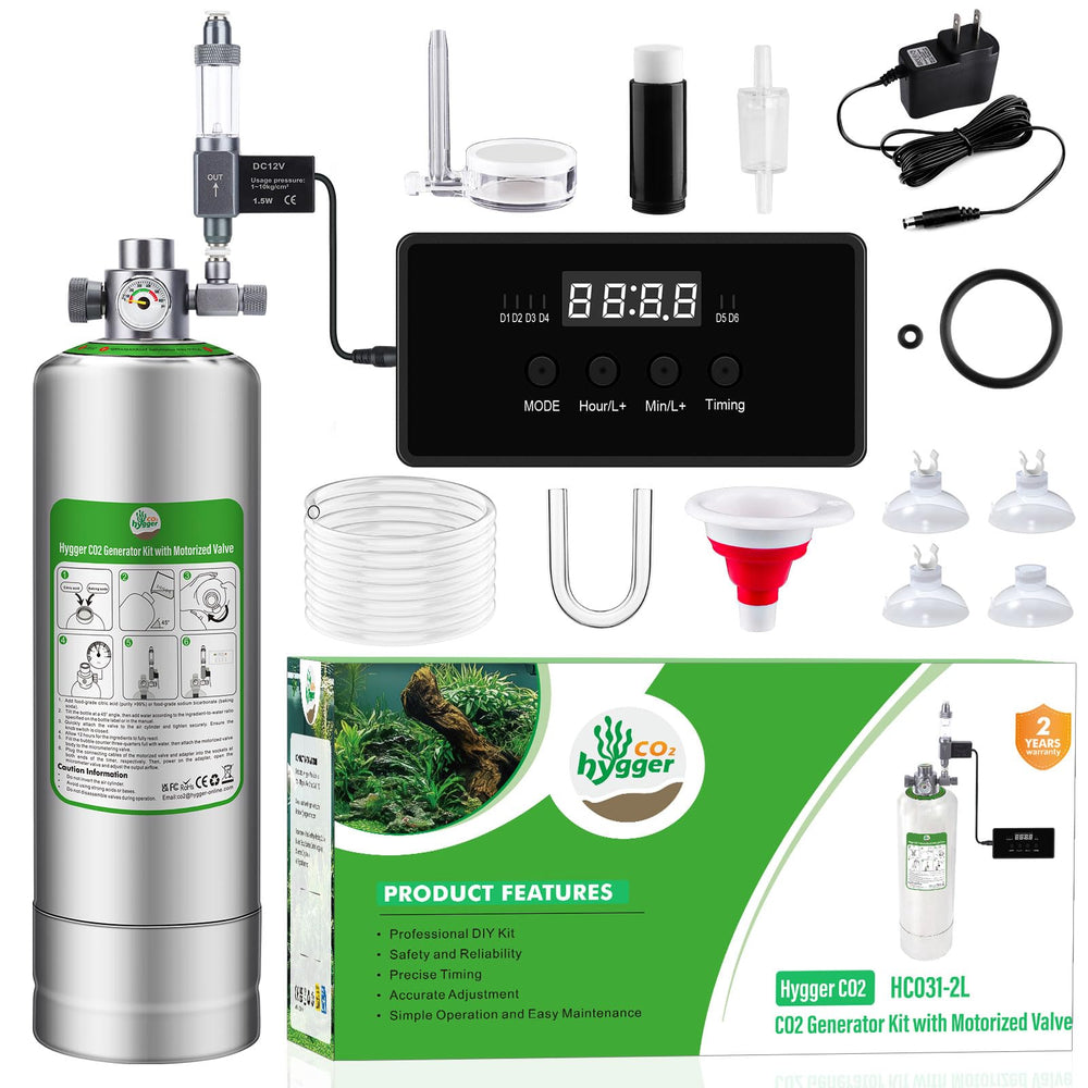 Hygger CO2 botella-2l vista lateral para alimentar plantas acuáticas con CO2 estable.