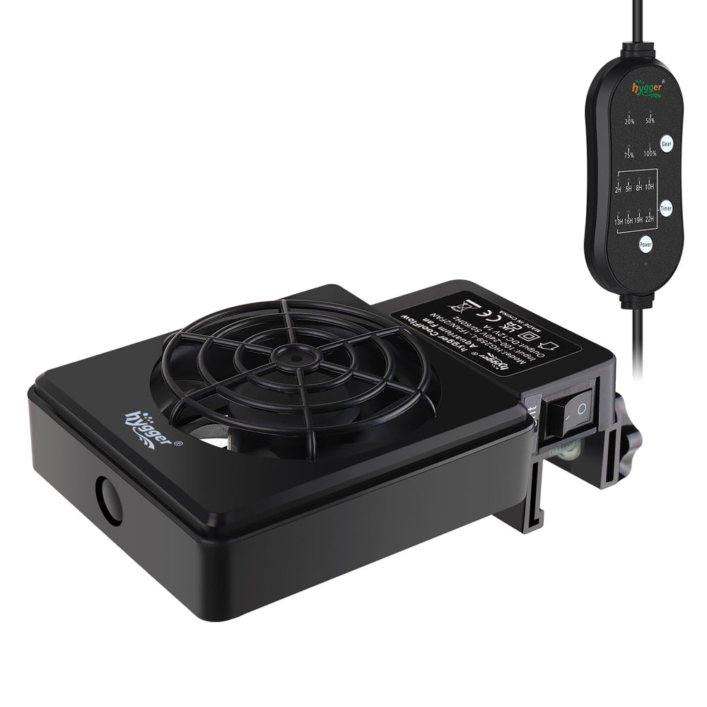 Hygger ventilador de enfriamiento para acuario, vista lateral, ayuda a controlar la temperatura.