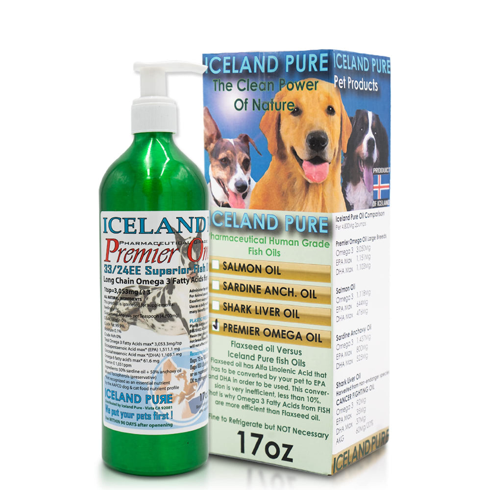 Iceland Pure Premier Omega, bote con bomba para dosificar fácilmente en perros grandes.