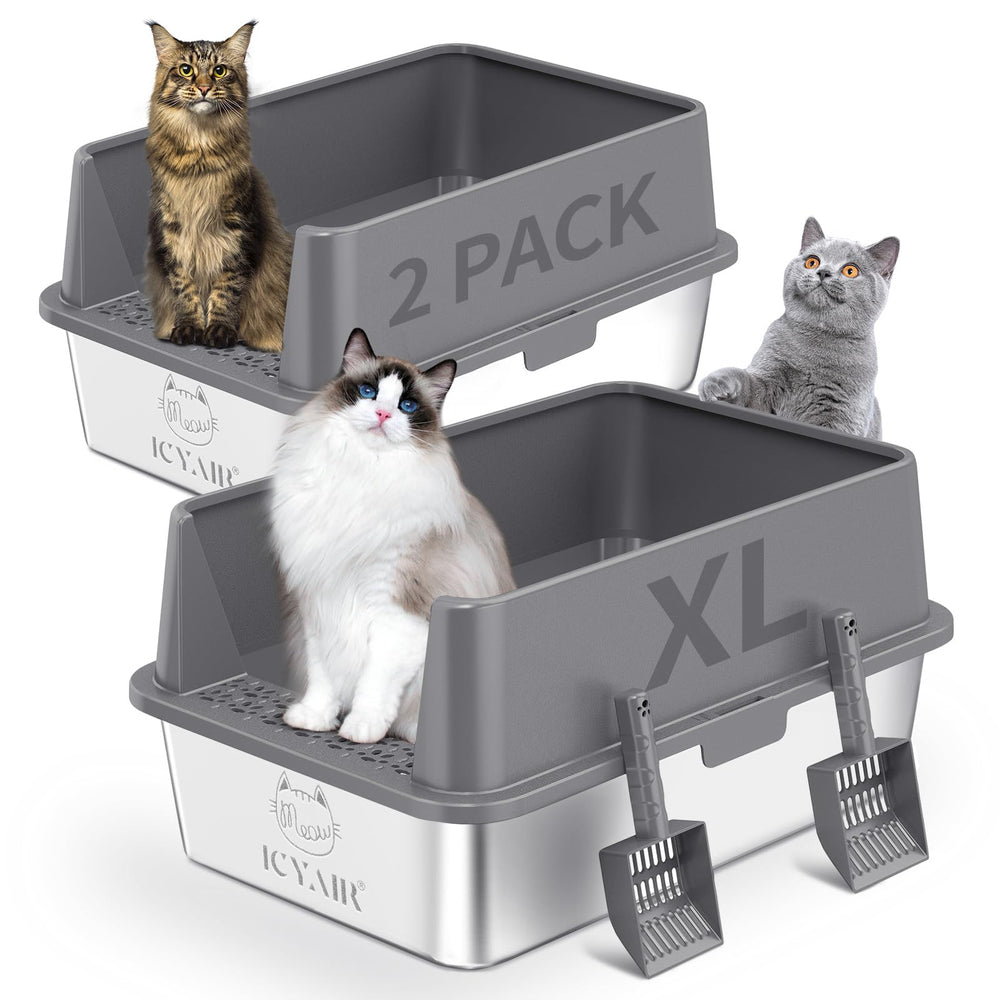 ICYAIR dos cajas de arena para gatos en acero inoxidable con bordes altos para evitar derrames.