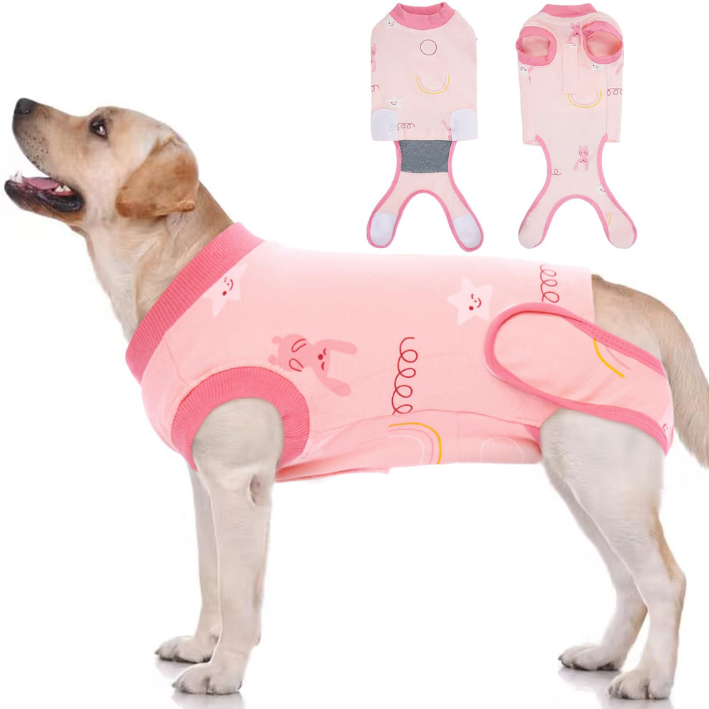 IDOMIK traje recuperación para perro, vista frontal, ayuda a evitar lamer heridas tras cirugía.