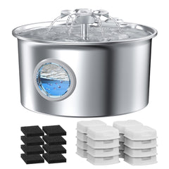 IHOUONE fuente de agua para gatos en acero inoxidable, duradera y segura para uso diario.