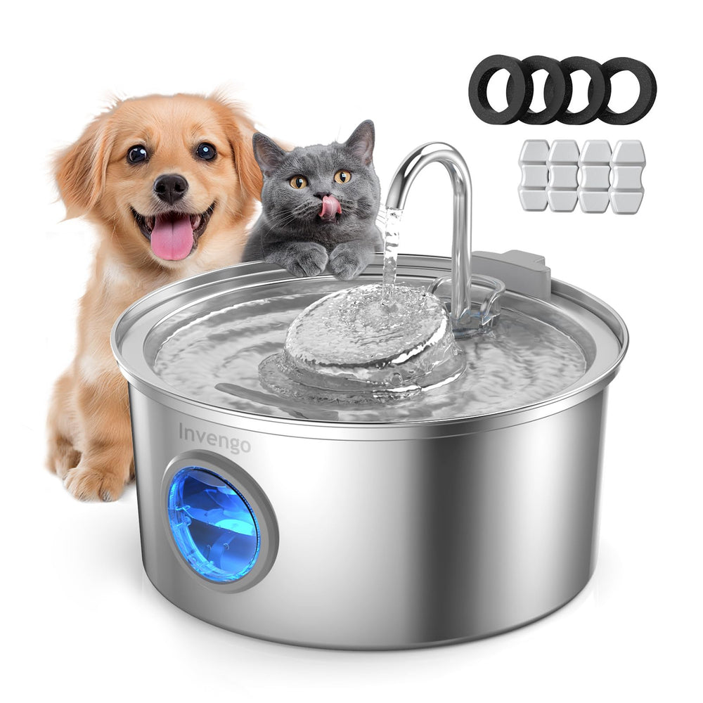 Invengo bebederos de acero inoxidable 3.2L para gatos y perros, hidratación constante.