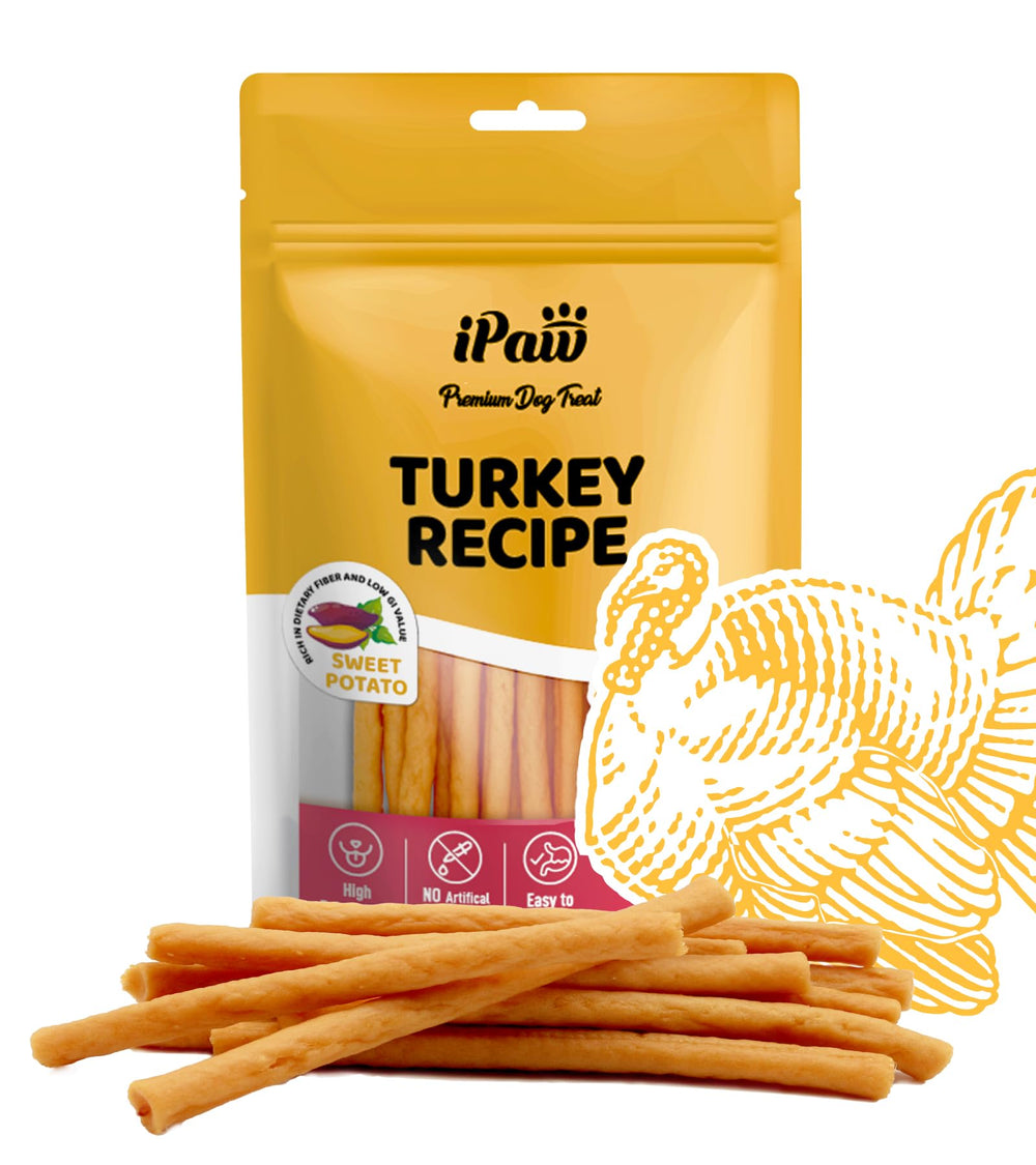 iPaw premios de pavo con batata dulce, snack natural para perros activos.