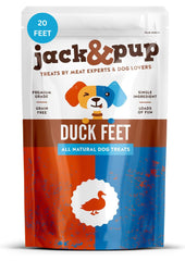 Jack&Pup patas de pato deshidratadas frontal, snack natural para perros pequeños.