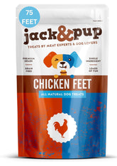 Jack&Pup Patas de Pollo Deshidratadas en empaque práctico para perros.