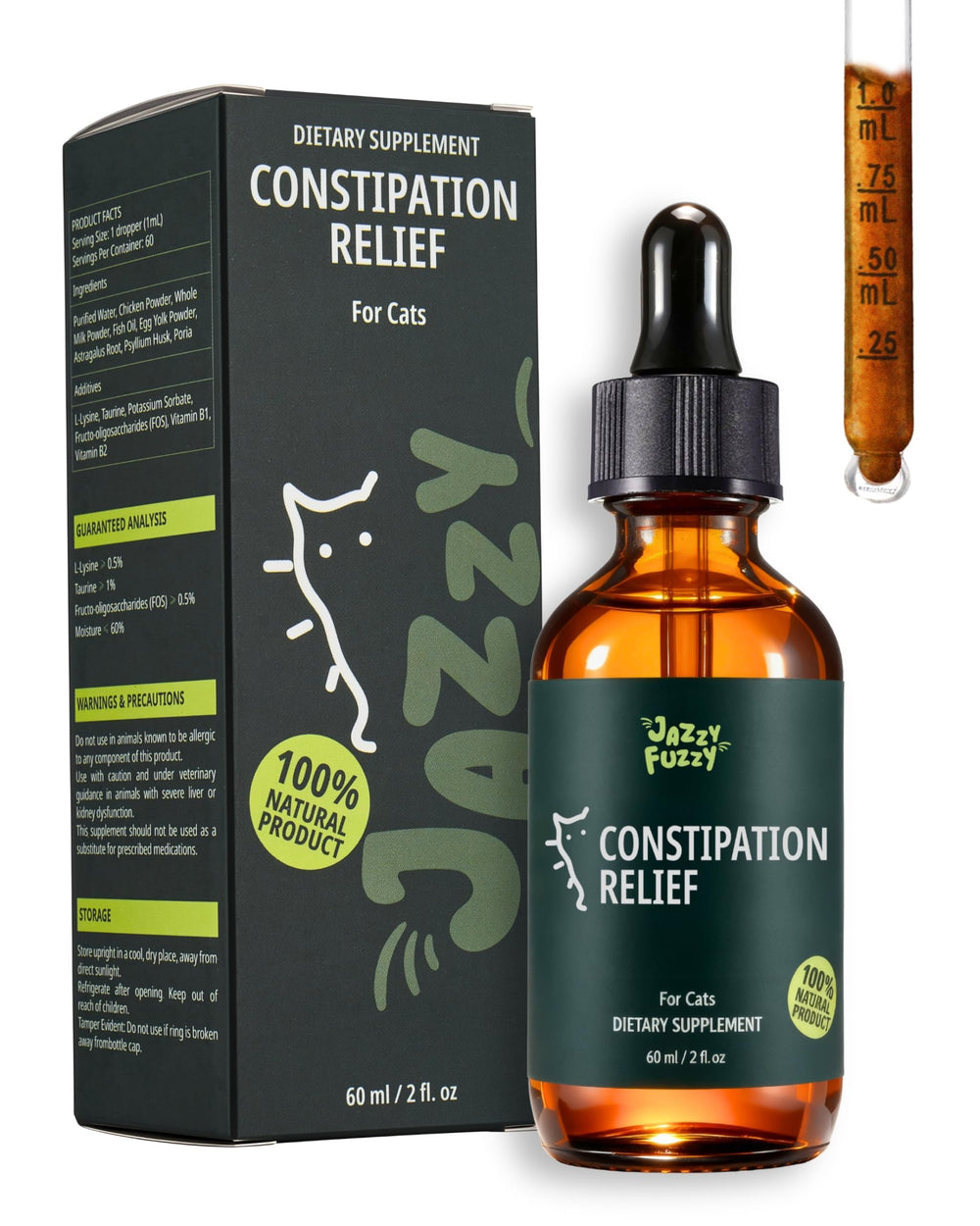 Gotas Jazzy Fuzzy en botella, alivio suave del estreñimiento en gatos.