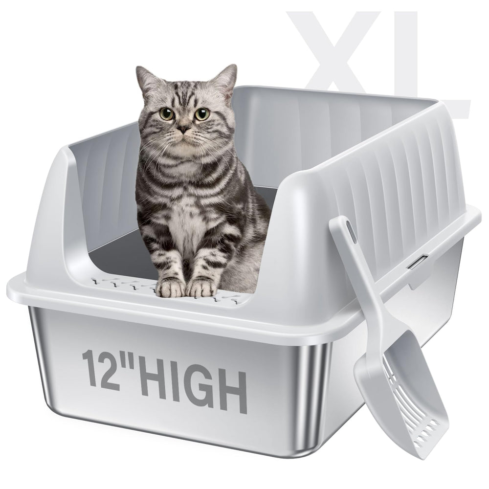 Jecoo arenero XL de acero inoxidable con tapa, ideal para gatos grandes y espacios amplios.