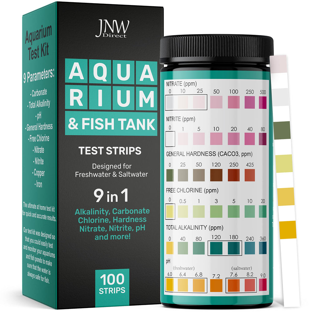 Kit de pruebas JNW Direct para acuario con 100 tiras para monitorear parámetros clave.