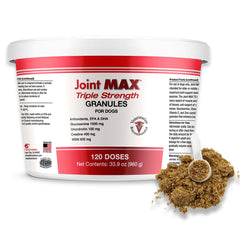 Joint Max TS granulos 120 dosis, frasco visible para movilidad diaria de perros.