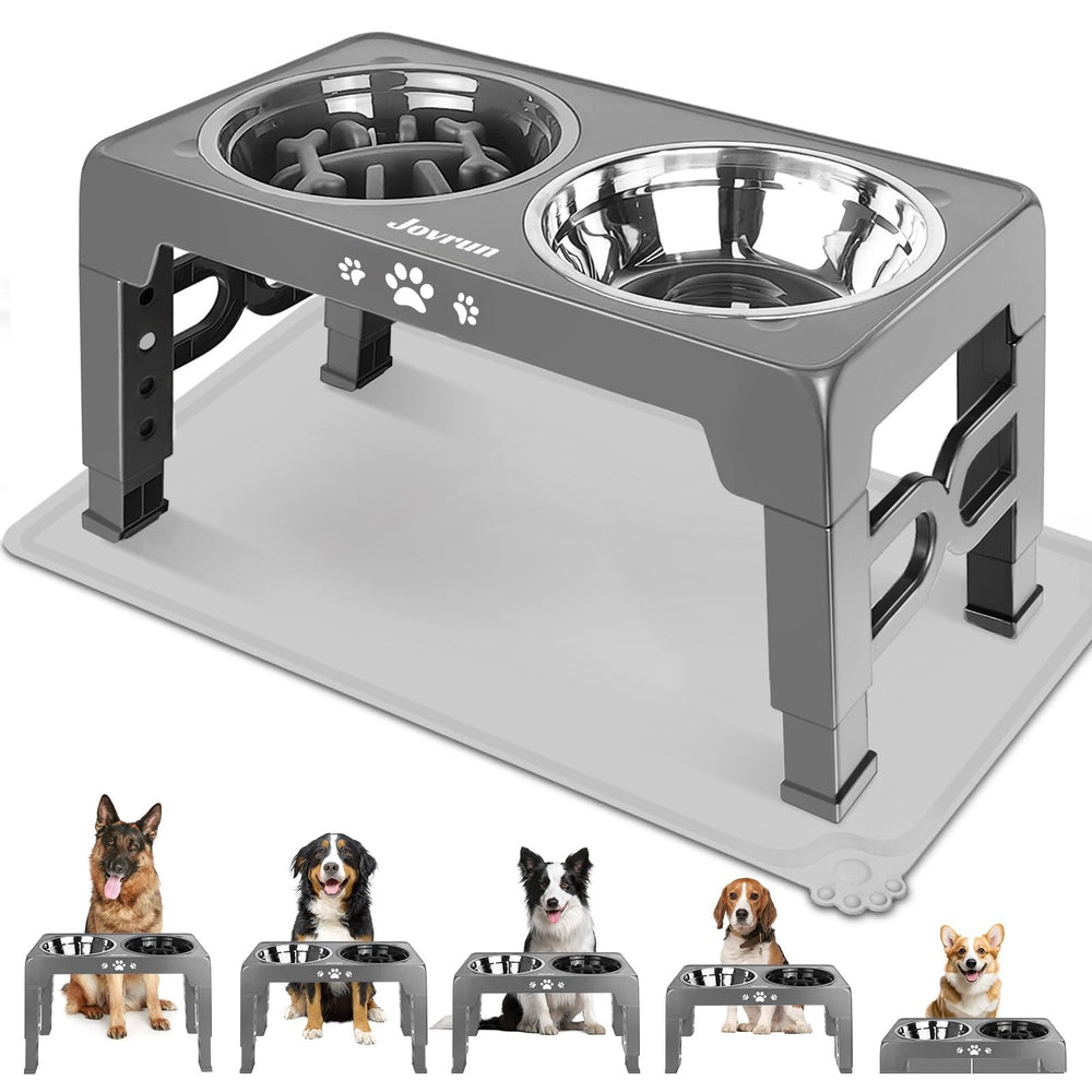 Jovrun elevated dog bowls stand close up showing sturdy base and polished bowls for stable dining
