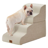 Joydeco escaleras para perro en cama 4 peldaños beige junto a la cama