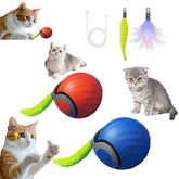 Juguete gato automovible con cola azul, estimula la caza y el juego.