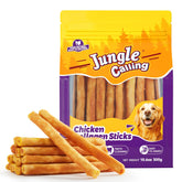 Jungle Calling palitos de colágeno para perros en empaque práctico, ayuda a la higiene dental.