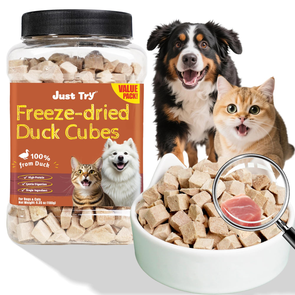 Just Try cubos de pato congelados en empaque hermético para conservar frescura.