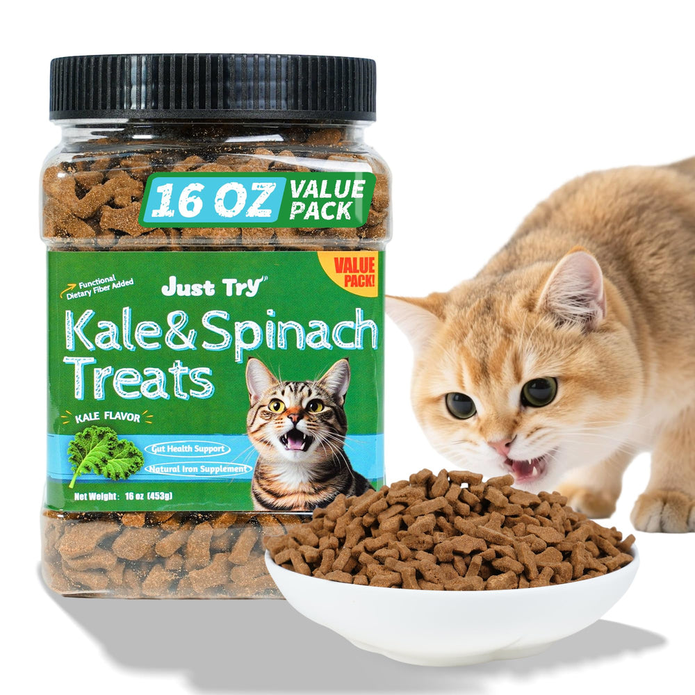 Just Try empaque de tratitos para gato con kale y espinacas, snack saludable que apoya la digestión.