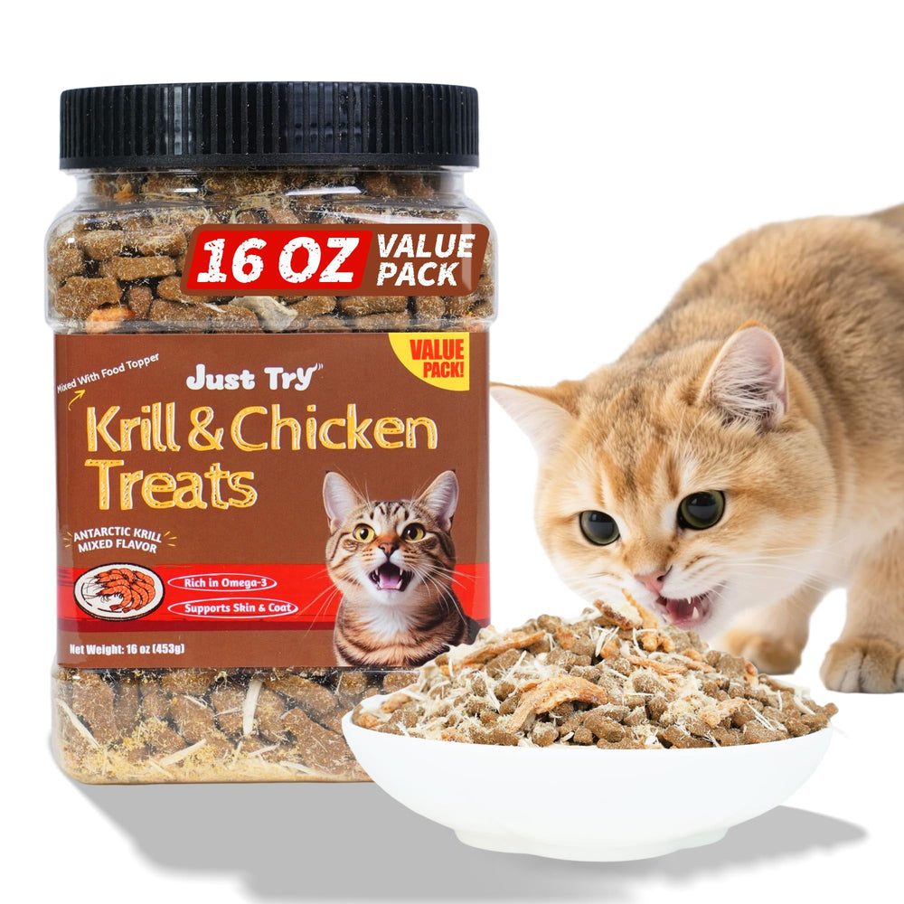 Just Try krill y pollo: empaque práctico con snacks para gato.