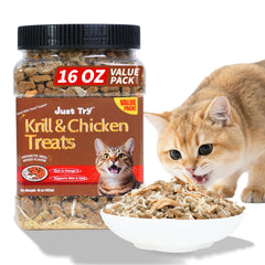 Just Try krill y pollo: empaque práctico con snacks para gato.