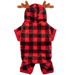 Pijama JVVGPET para perro con capucha y cuernos, ideal para fotos festivas.