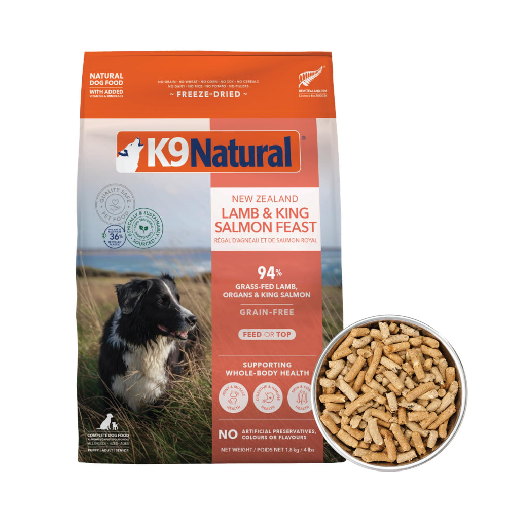 Empaque de K9 Natural sin granos con cordero y salmón, ideal para dieta equilibrada de perros.